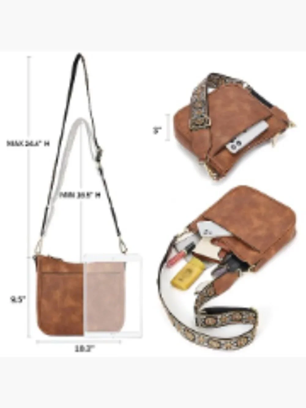 Vegan Leather Hobo Crossbody Bag with Wide Strap